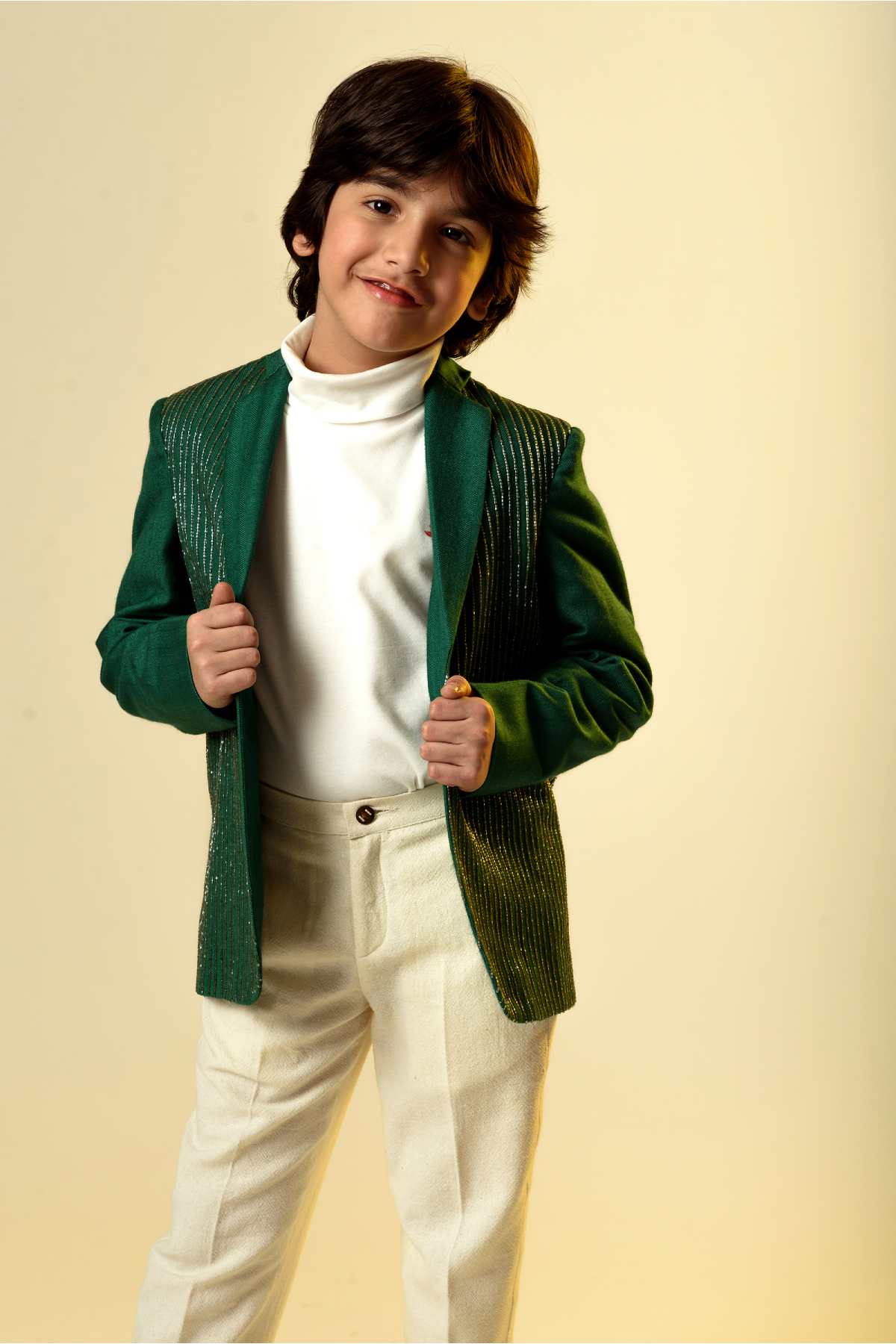 Buy Kids Designer Littleens Hand embroidered blazer jacket with breathable herringbone organic wool, strong shoulders that accentuate the boxy fit and smart notched lapels Online at ScrollnShops